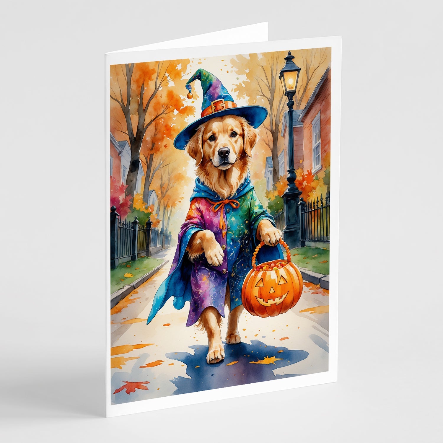 Golden Retriever Halloween Trick or Treat Greeting Cards Pack of 8 Blank Cards with Envelopes Whimsical A7 Size 5x7