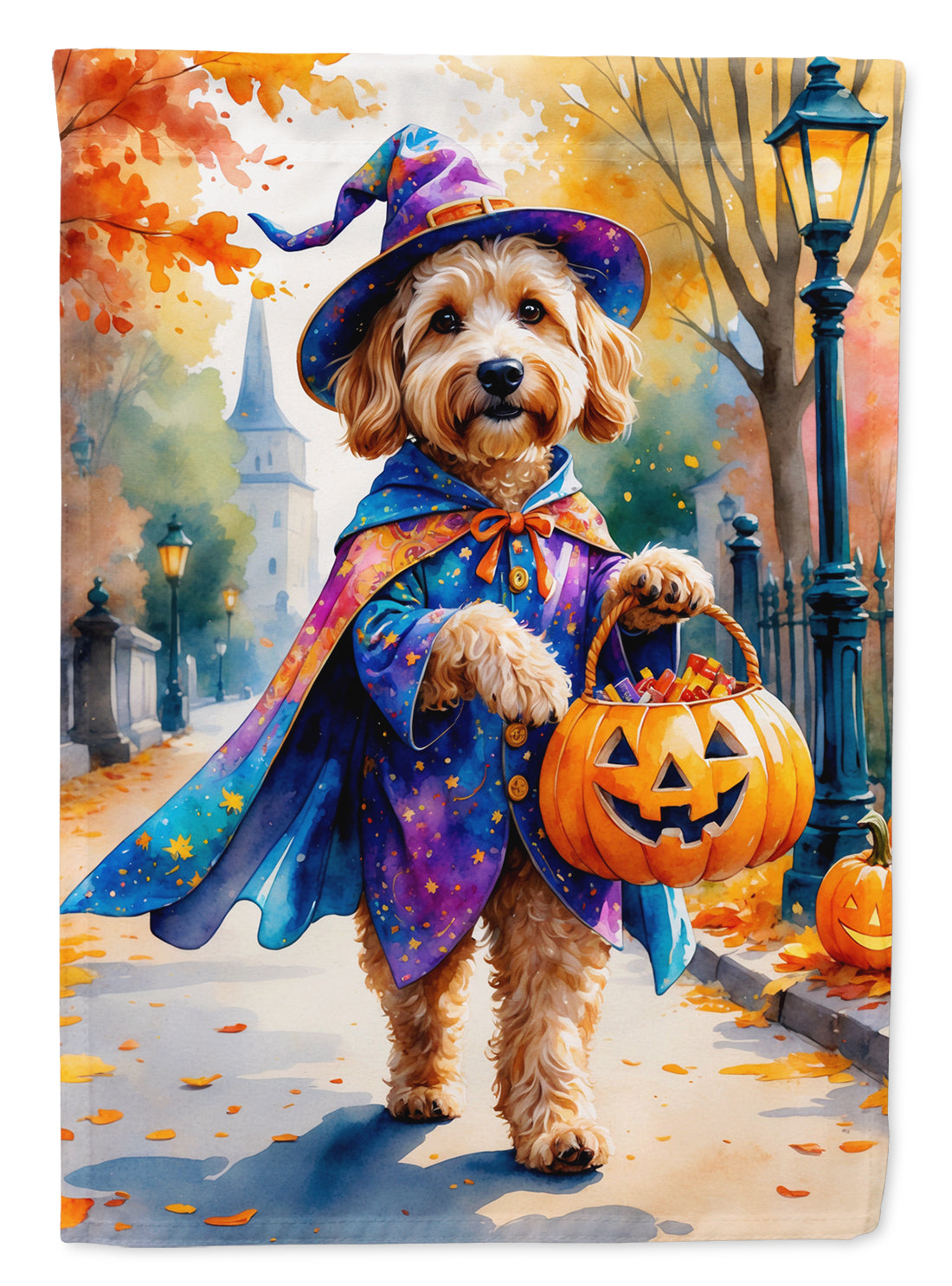 Goldendoodle Halloween Trick or Treat House Flag 28x40 Porch Sleeve Pole Decorative Outside Yard Banner Artwork Wall Hanging, Polyester