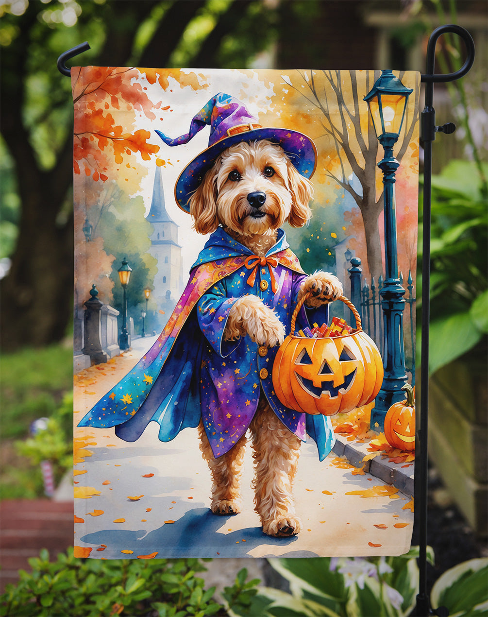 Goldendoodle Halloween Trick or Treat Garden Flag Mailbox Decorative Yard Banner Outside Patio Artwork for Flower Beds, Garden Size, Multicolor