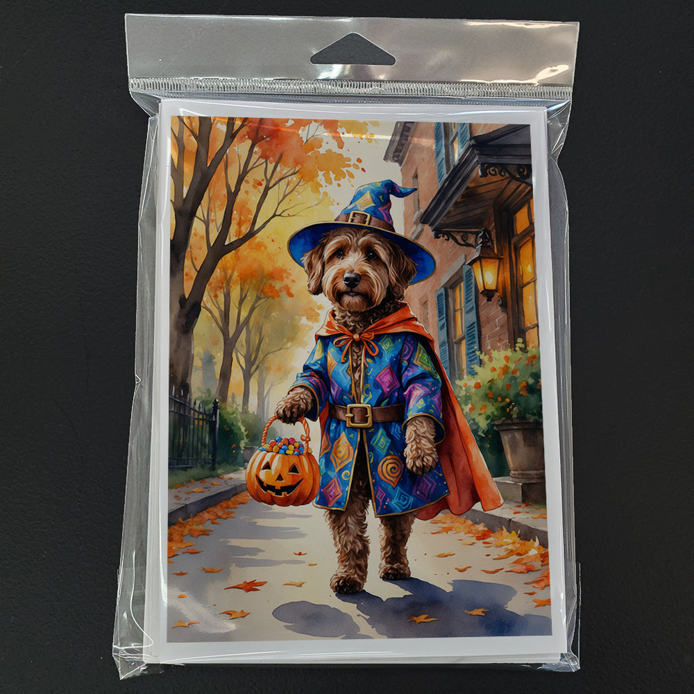 Chocolate Labradoodle Halloween Trick or Treat Greeting Cards Pack of 8 Blank Cards with Envelopes Whimsical A7 Size 5x7