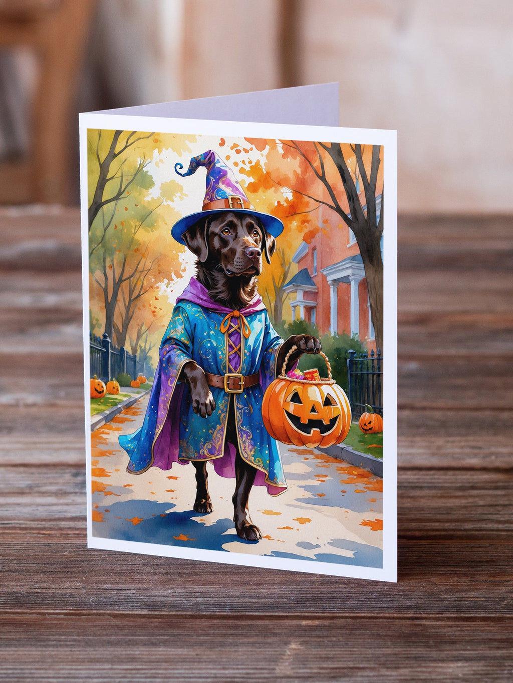 Chocolate Labrador Retriever Halloween Trick or Treat Greeting Cards Pack of 8 Blank Cards with Envelopes Whimsical A7 Size 5x7