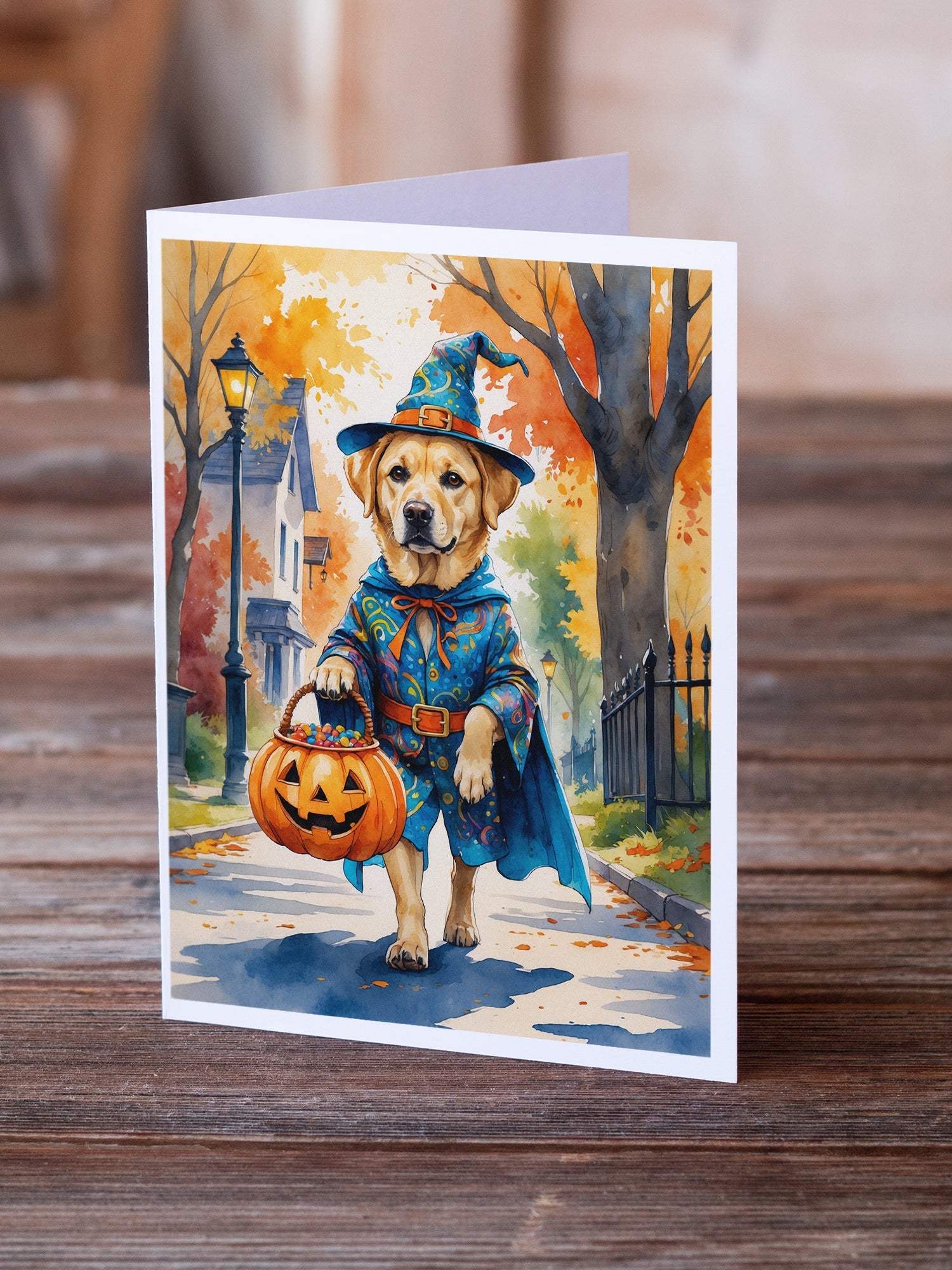 Yellow Labrador Retriever Halloween Trick or Treat Greeting Cards Pack of 8 Blank Cards with Envelopes Whimsical A7 Size 5x7