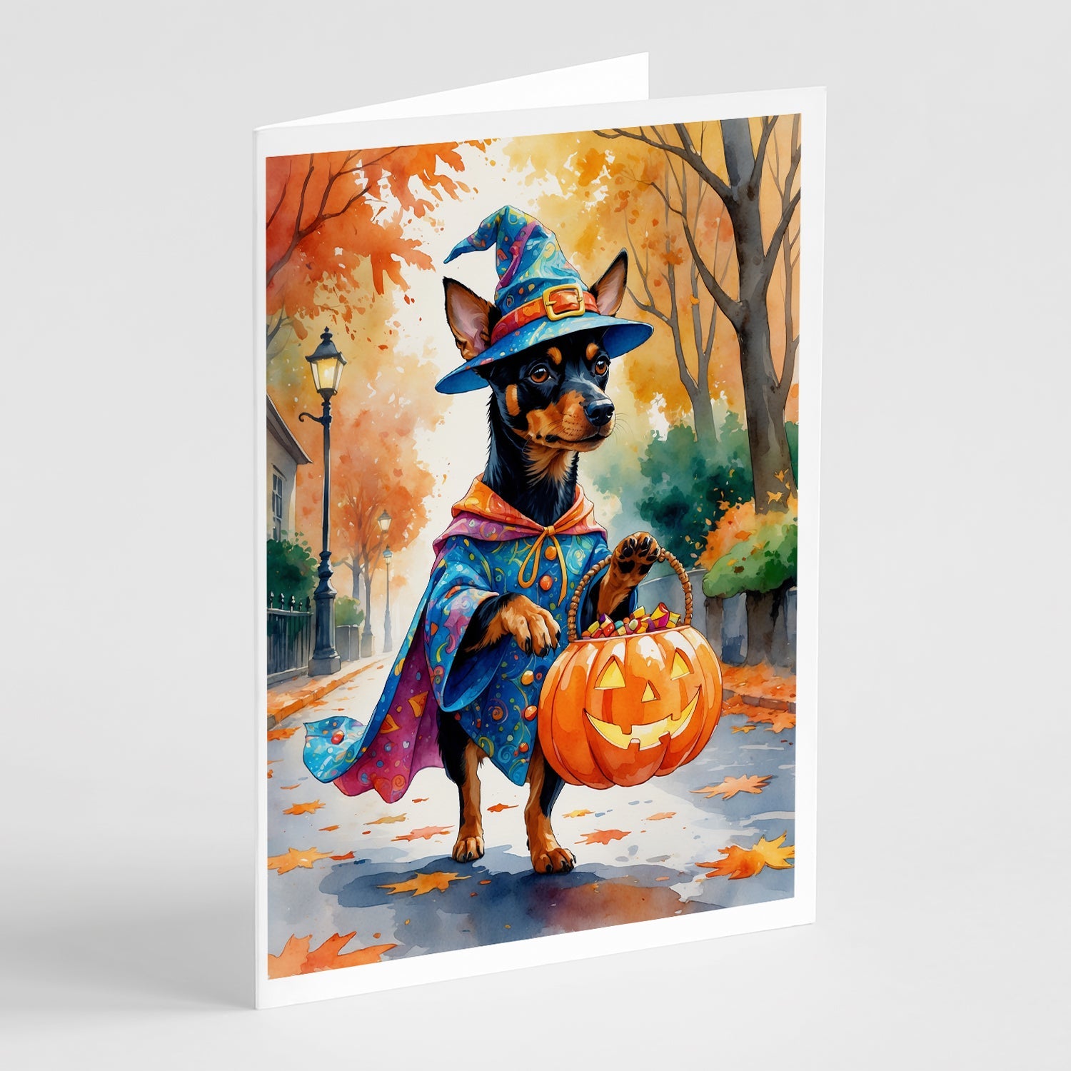 Miniature Pinscher Halloween Trick or Treat Greeting Cards Pack of 8 Blank Cards with Envelopes Whimsical A7 Size 5x7