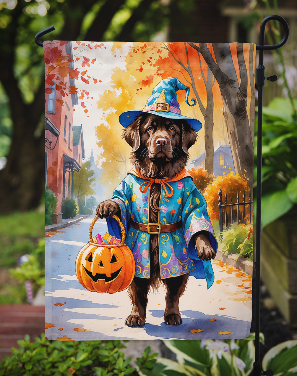 Chocolate Newfoundland Halloween Trick or Treat Garden Flag Mailbox Decorative Yard Banner Outside Patio Artwork for Flower Beds, Garden Size, Multicolor