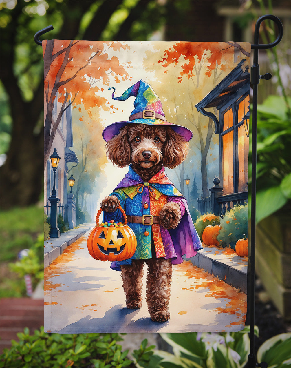 Chocolate Poodle Halloween Trick or Treat Garden Flag Mailbox Decorative Yard Banner Outside Patio Artwork for Flower Beds, Garden Size, Multicolor