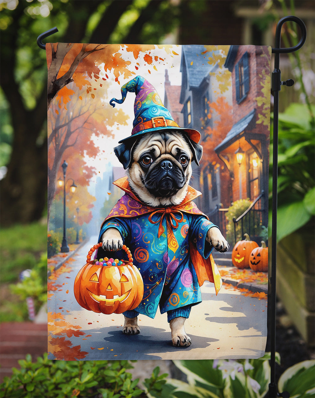 Pug Halloween Trick or Treat Garden Flag Mailbox Decorative Yard Banner Outside Patio Artwork for Flower Beds, Garden Size, Multicolor