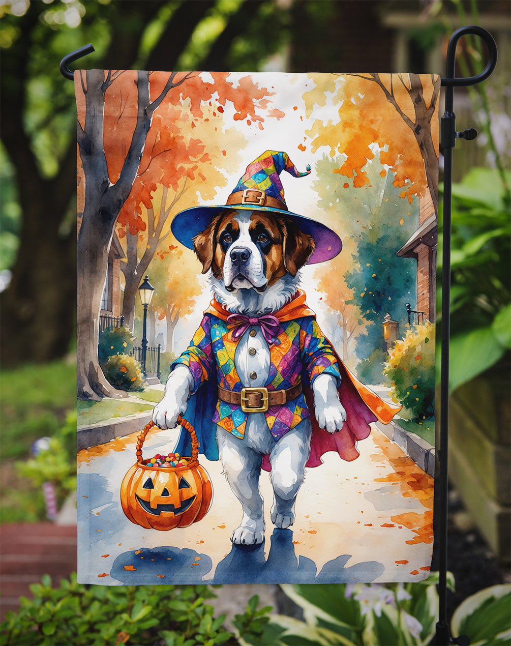 Saint Bernard Halloween Trick or Treat Garden Flag Mailbox Decorative Yard Banner Outside Patio Artwork for Flower Beds, Garden Size, Multicolor