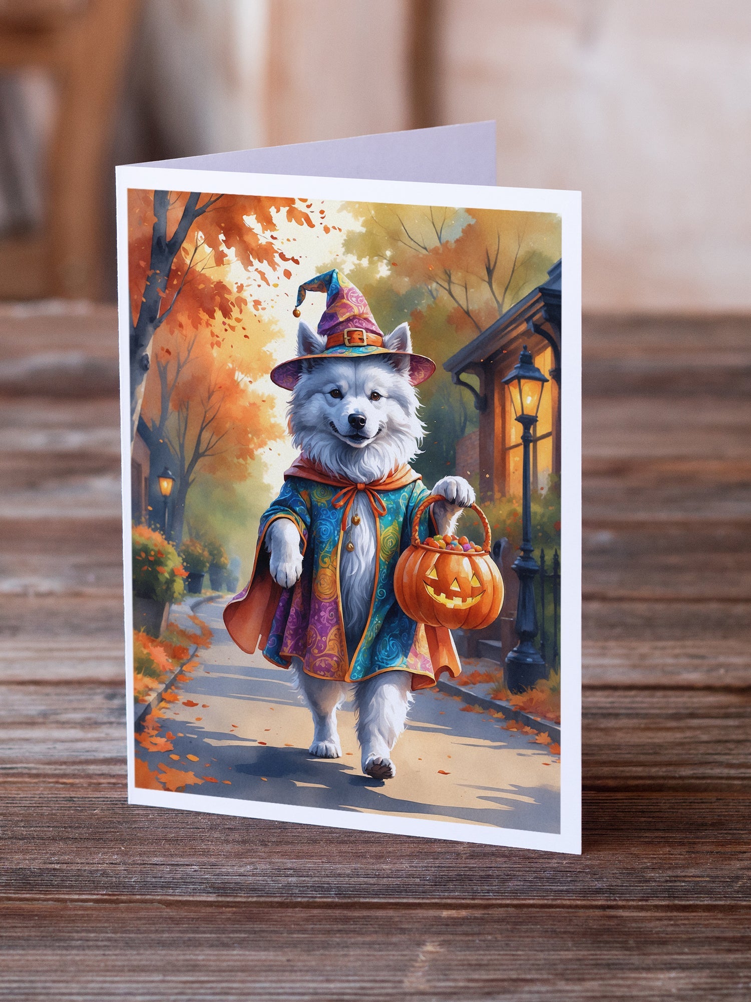 Samoyed Halloween Trick or Treat Greeting Cards Pack of 8 Blank Cards with Envelopes Whimsical A7 Size 5x7