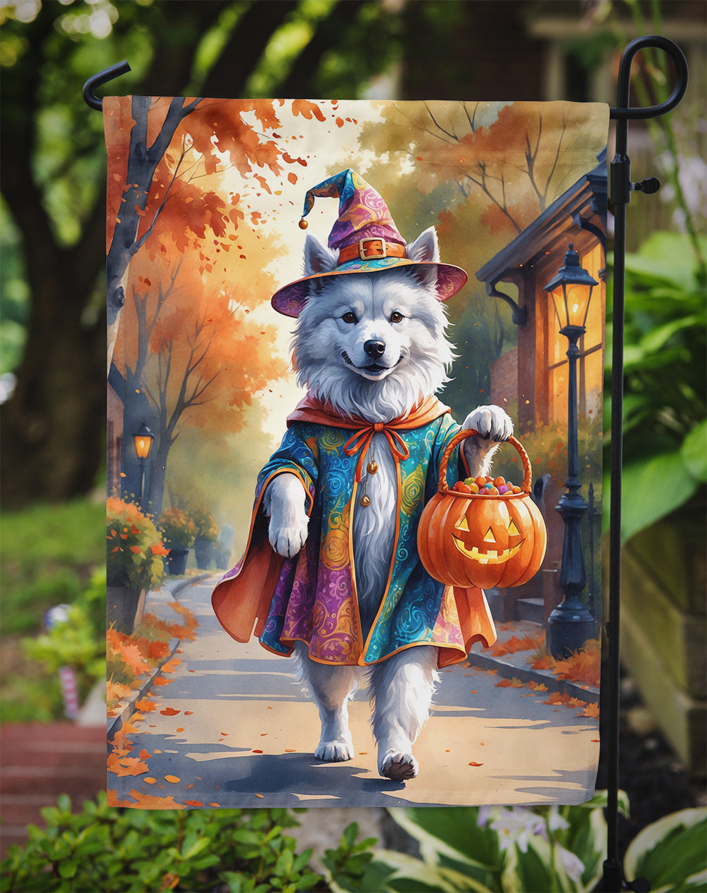 Samoyed Halloween Trick or Treat Garden Flag Mailbox Decorative Yard Banner Outside Patio Artwork for Flower Beds, Garden Size, Multicolor