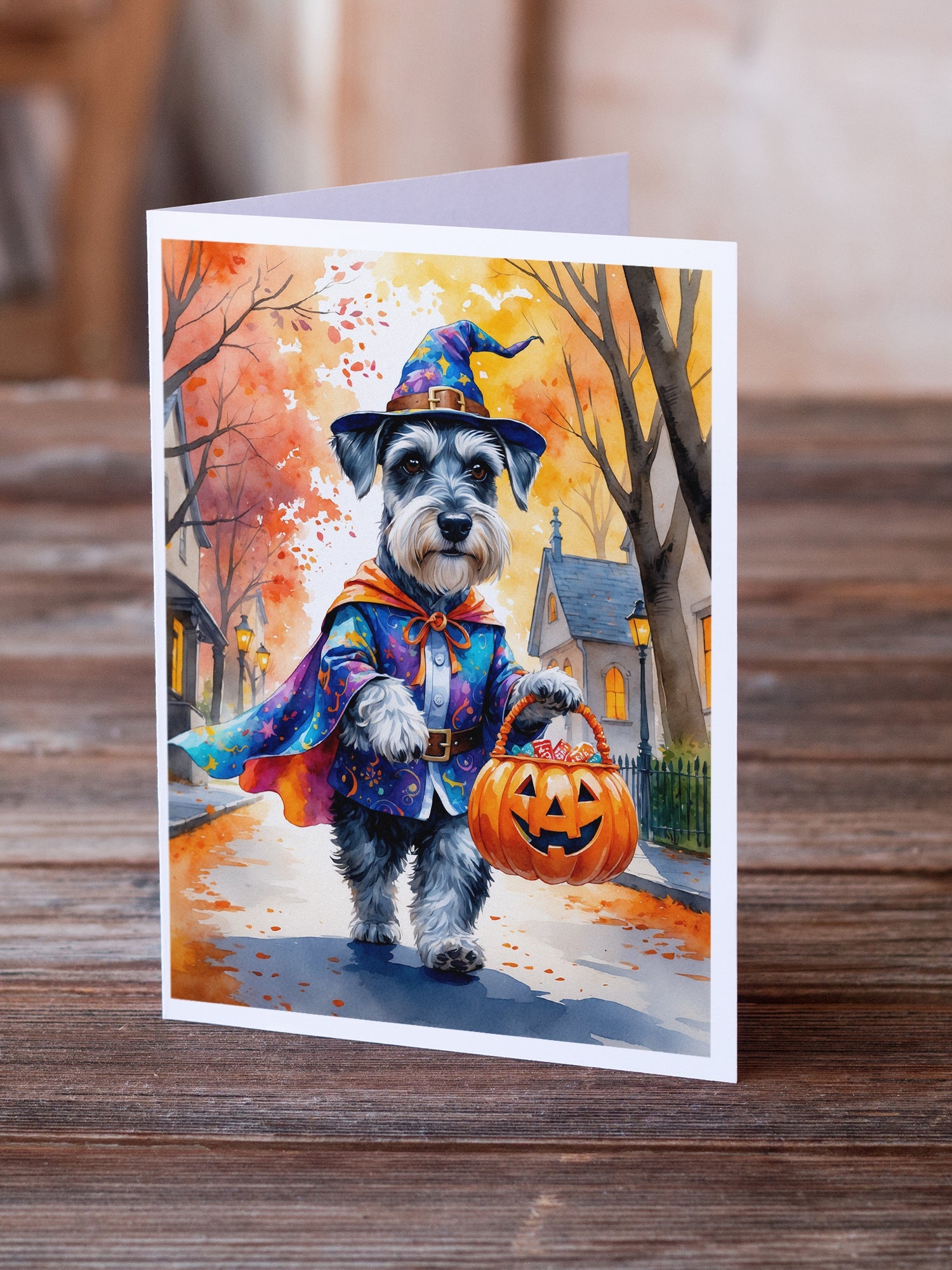 Schnauzer Halloween Trick or Treat Greeting Cards Pack of 8 Blank Cards with Envelopes Whimsical A7 Size 5x7