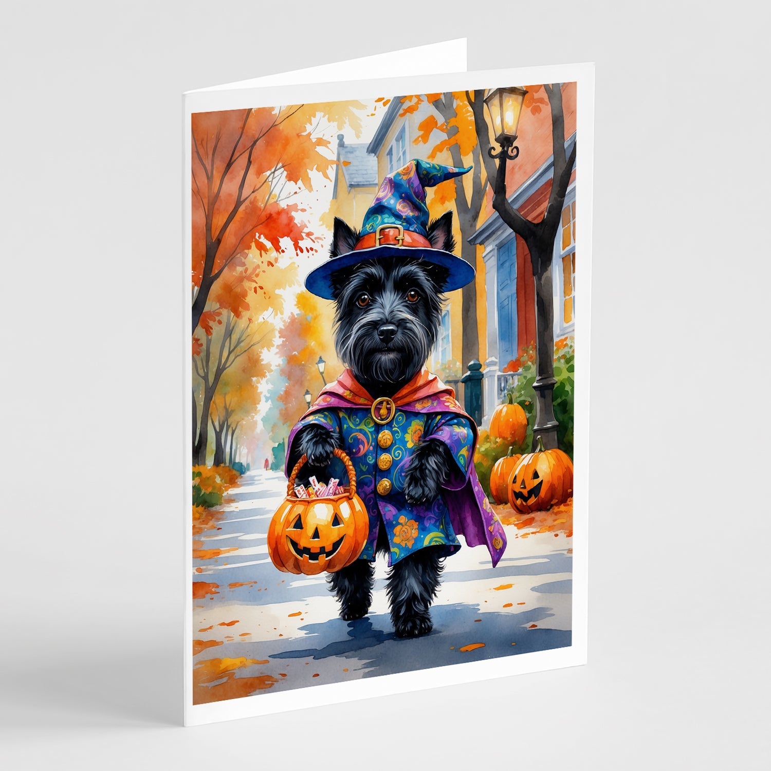 Scottish Terrier Halloween Trick or Treat Greeting Cards Pack of 8 Blank Cards with Envelopes Whimsical A7 Size 5x7