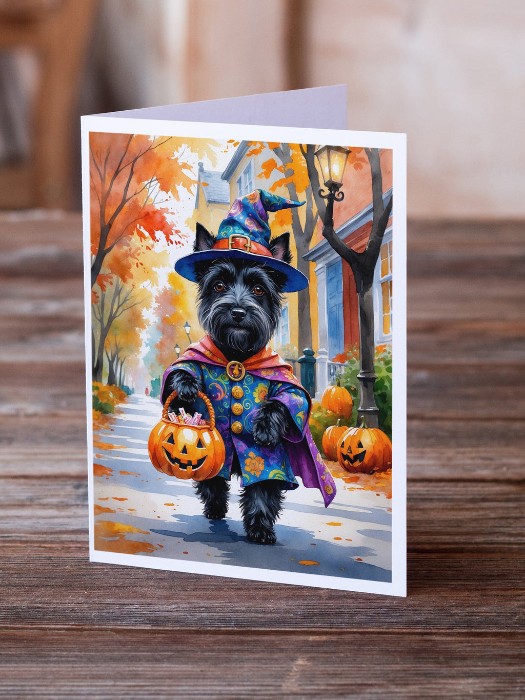 Scottish Terrier Halloween Trick or Treat Greeting Cards Pack of 8 Blank Cards with Envelopes Whimsical A7 Size 5x7