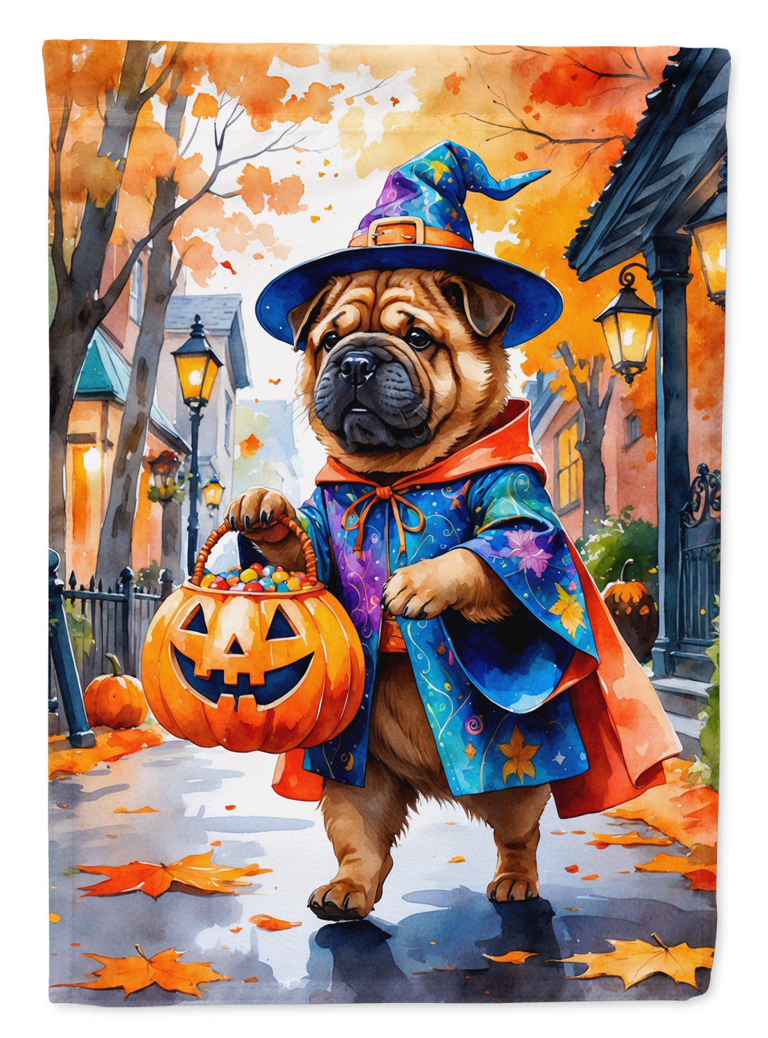 Shar Pei Halloween Trick or Treat House Flag 28x40 Porch Sleeve Pole Decorative Outside Yard Banner Artwork Wall Hanging, Polyester