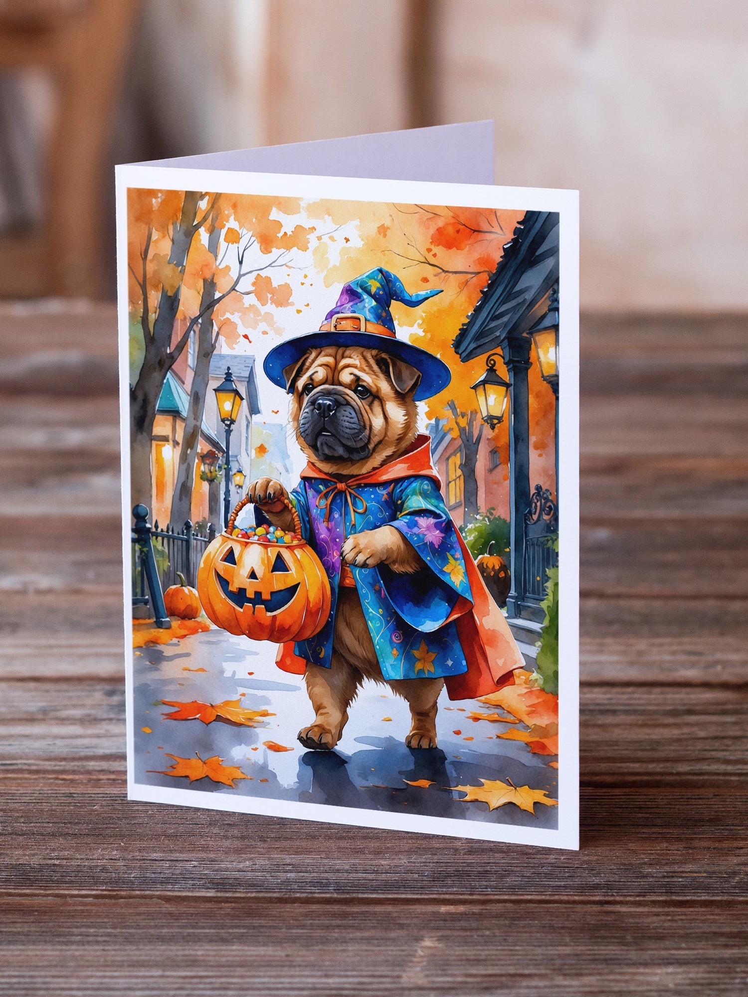Shar Pei Halloween Trick or Treat Greeting Cards Pack of 8 Blank Cards with Envelopes Whimsical A7 Size 5x7