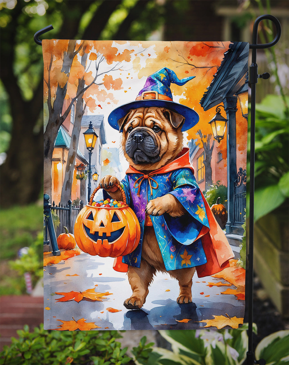 Shar Pei Halloween Trick or Treat Garden Flag Mailbox Decorative Yard Banner Outside Patio Artwork for Flower Beds, Garden Size, Multicolor