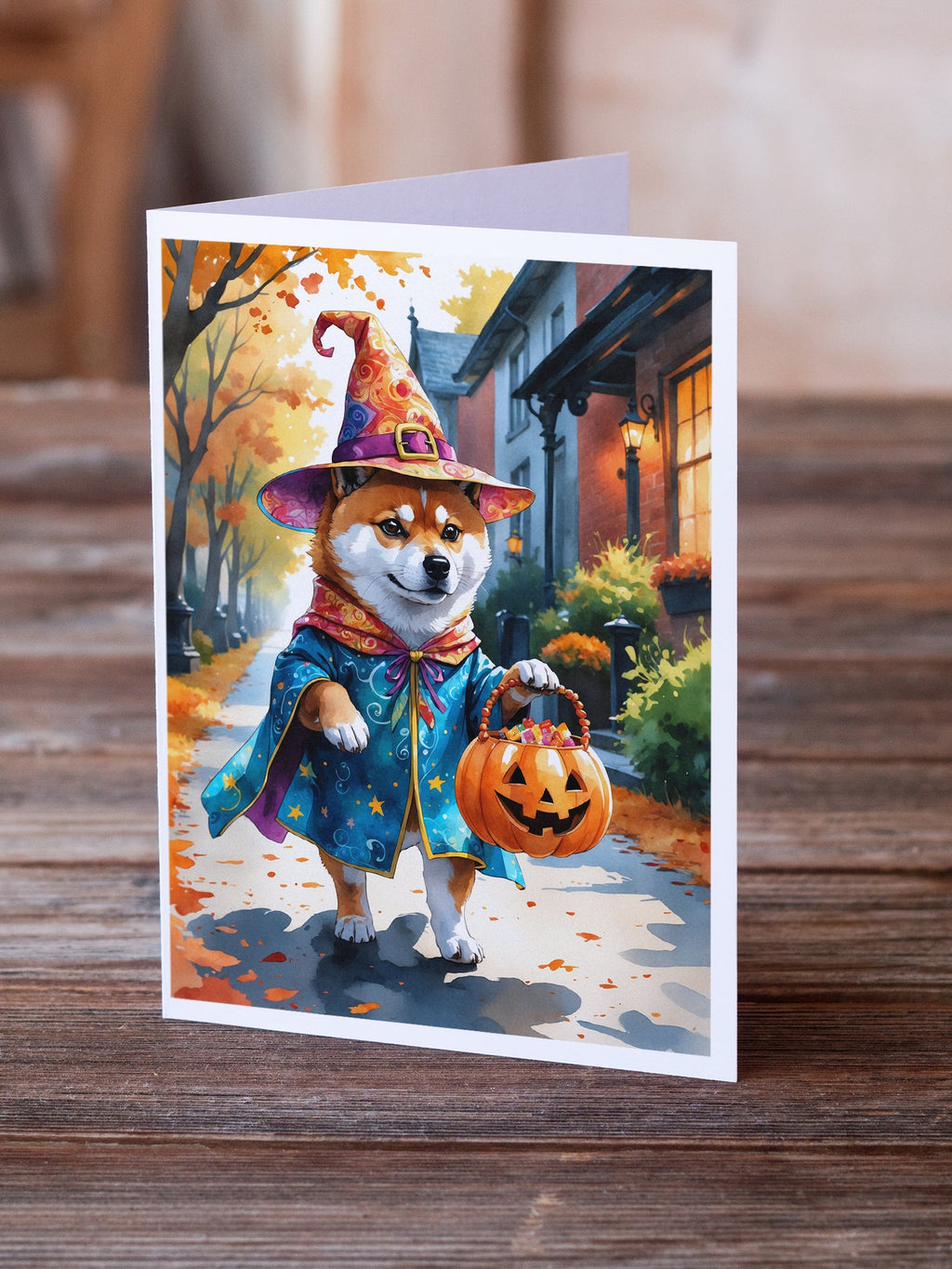 Shiba Inu Halloween Trick or Treat Greeting Cards Pack of 8 Blank Cards with Envelopes Whimsical A7 Size 5x7
