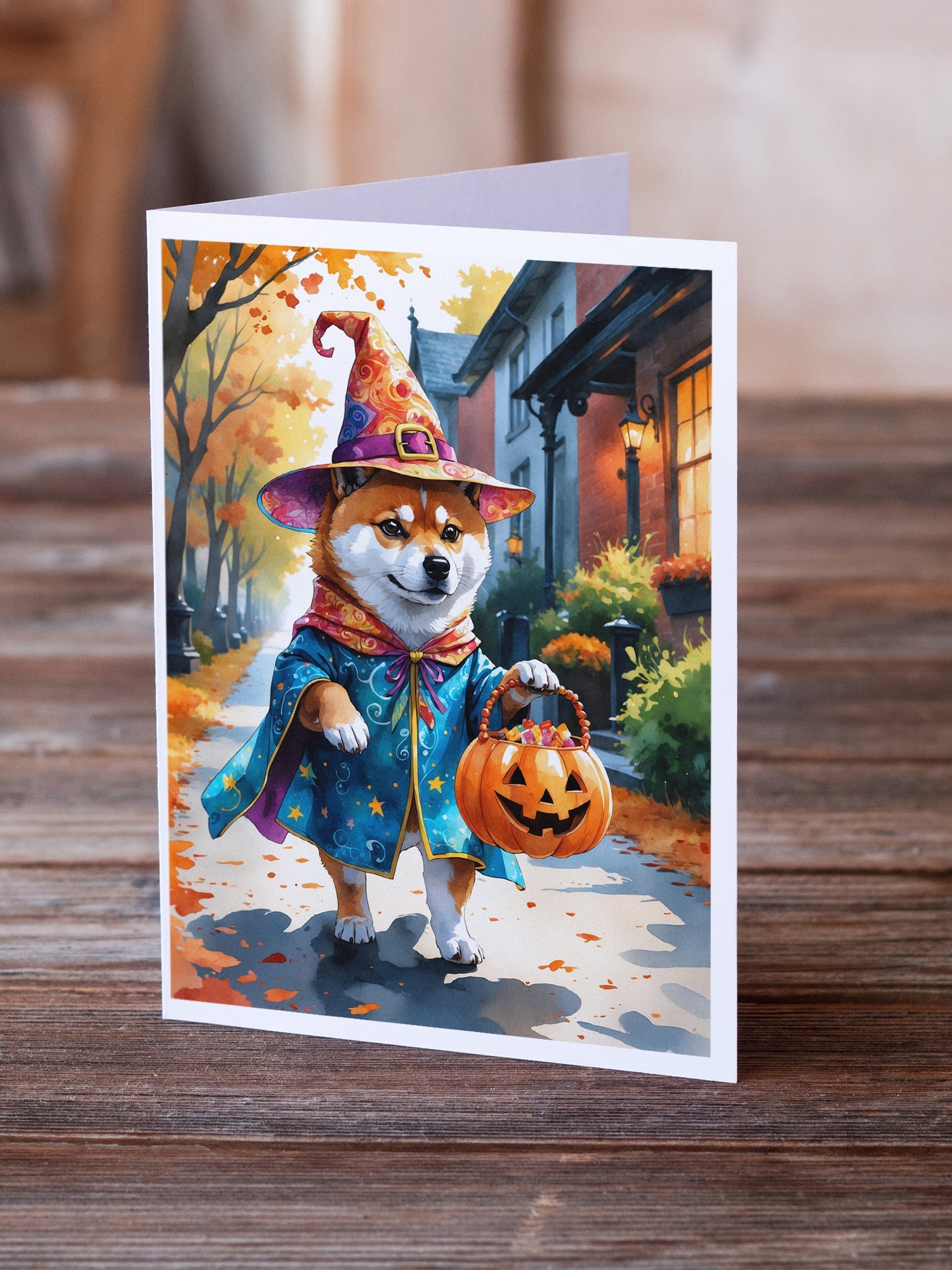 Shiba Inu Halloween Trick or Treat Greeting Cards Pack of 8 Blank Cards with Envelopes Whimsical A7 Size 5x7