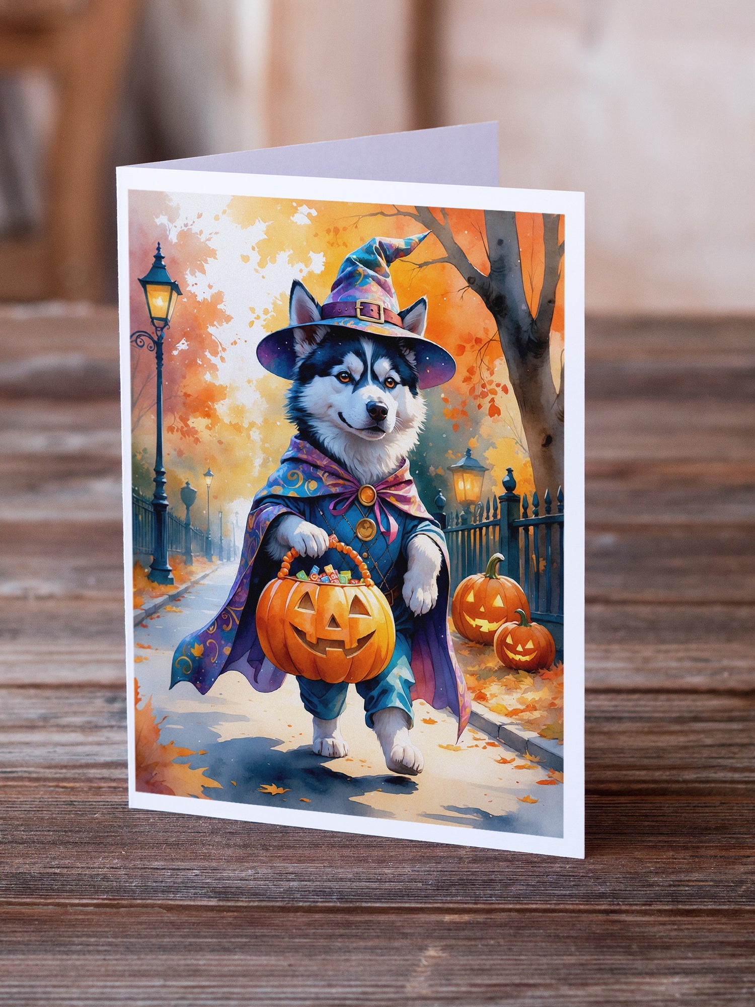 Siberian Husky Halloween Trick or Treat Greeting Cards Pack of 8 Blank Cards with Envelopes Whimsical A7 Size 5x7