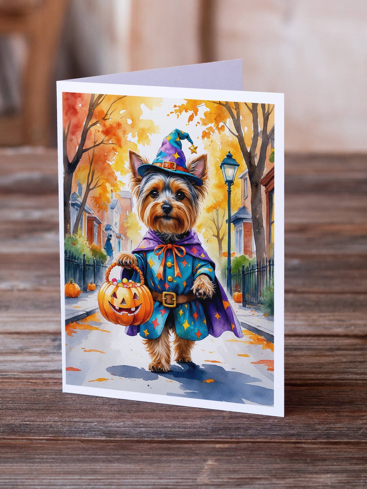 Yorkshire Terrier Yorkie Halloween Trick or Treat Greeting Cards Pack of 8 Blank Cards with Envelopes Whimsical A7 Size 5x7