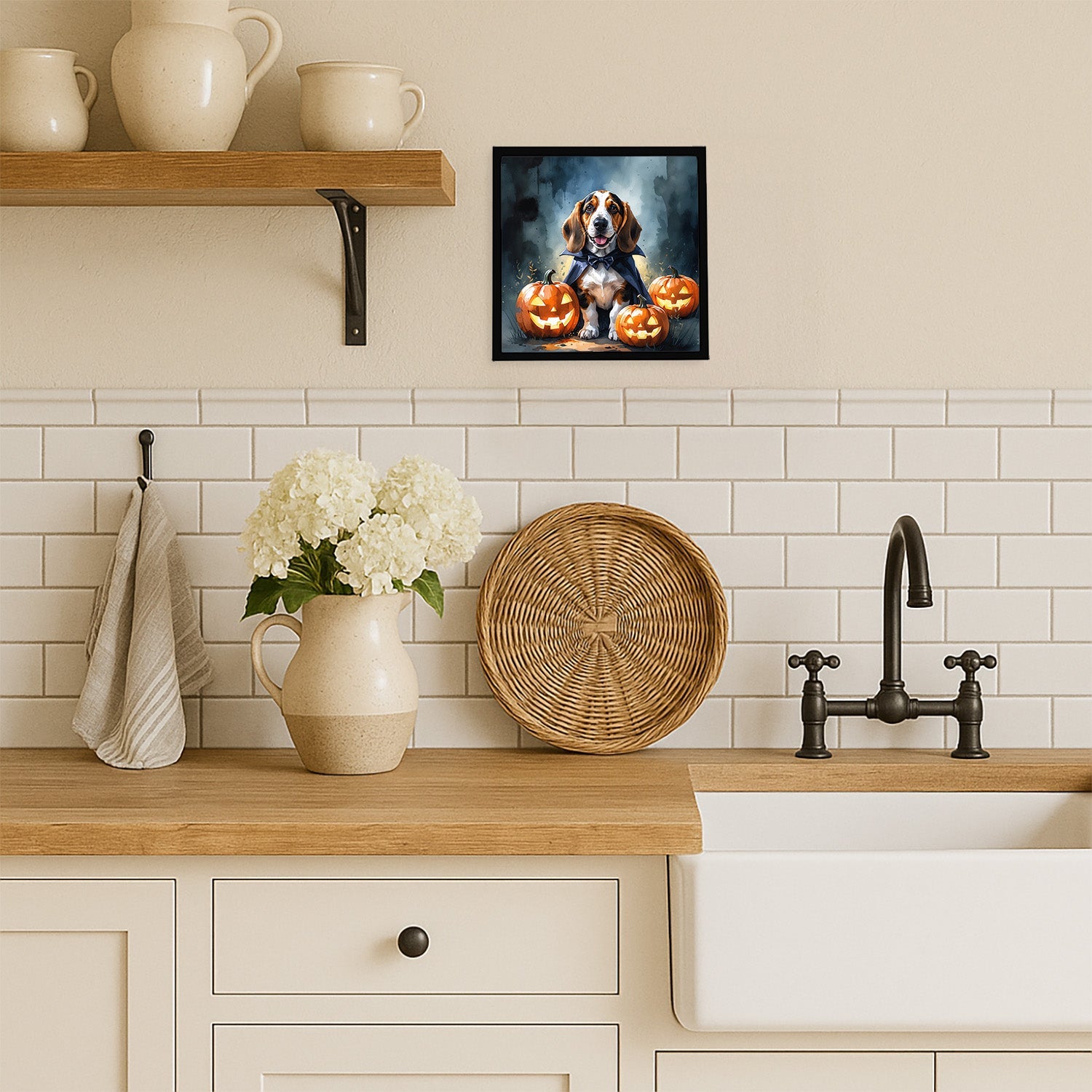 Basset Hound Puppy Halloween Framed Metal Print Bathroom, Kitchen, Office, Home Decor Wall Art Ready to Hang, Square, 8X8