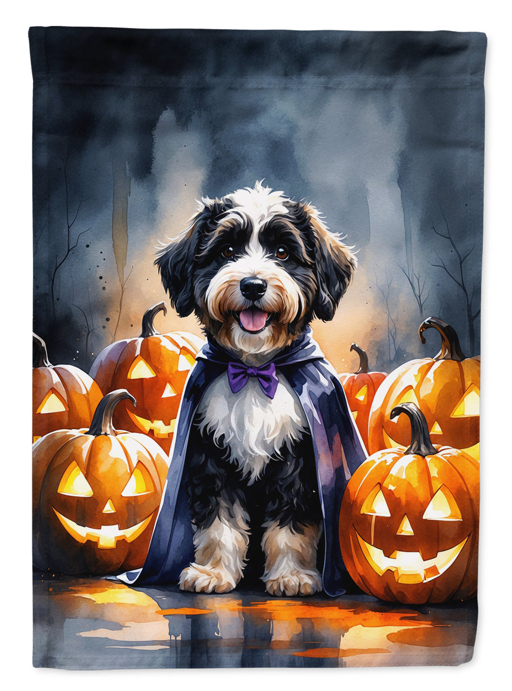 Bernedoodle Puppy Halloween House Flag 28x40 Porch Sleeve Pole Decorative Outside Yard Banner Artwork Wall Hanging, Polyester