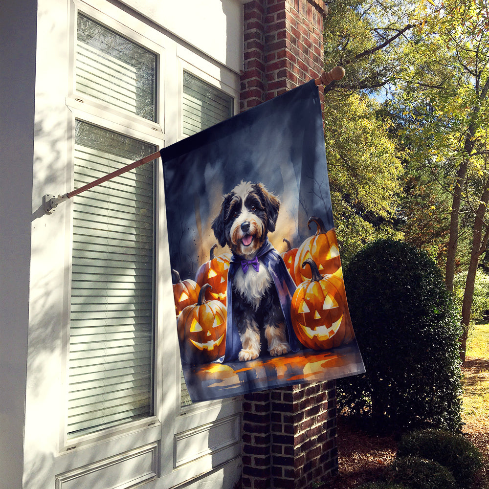 Bernedoodle Puppy Halloween House Flag 28x40 Porch Sleeve Pole Decorative Outside Yard Banner Artwork Wall Hanging, Polyester