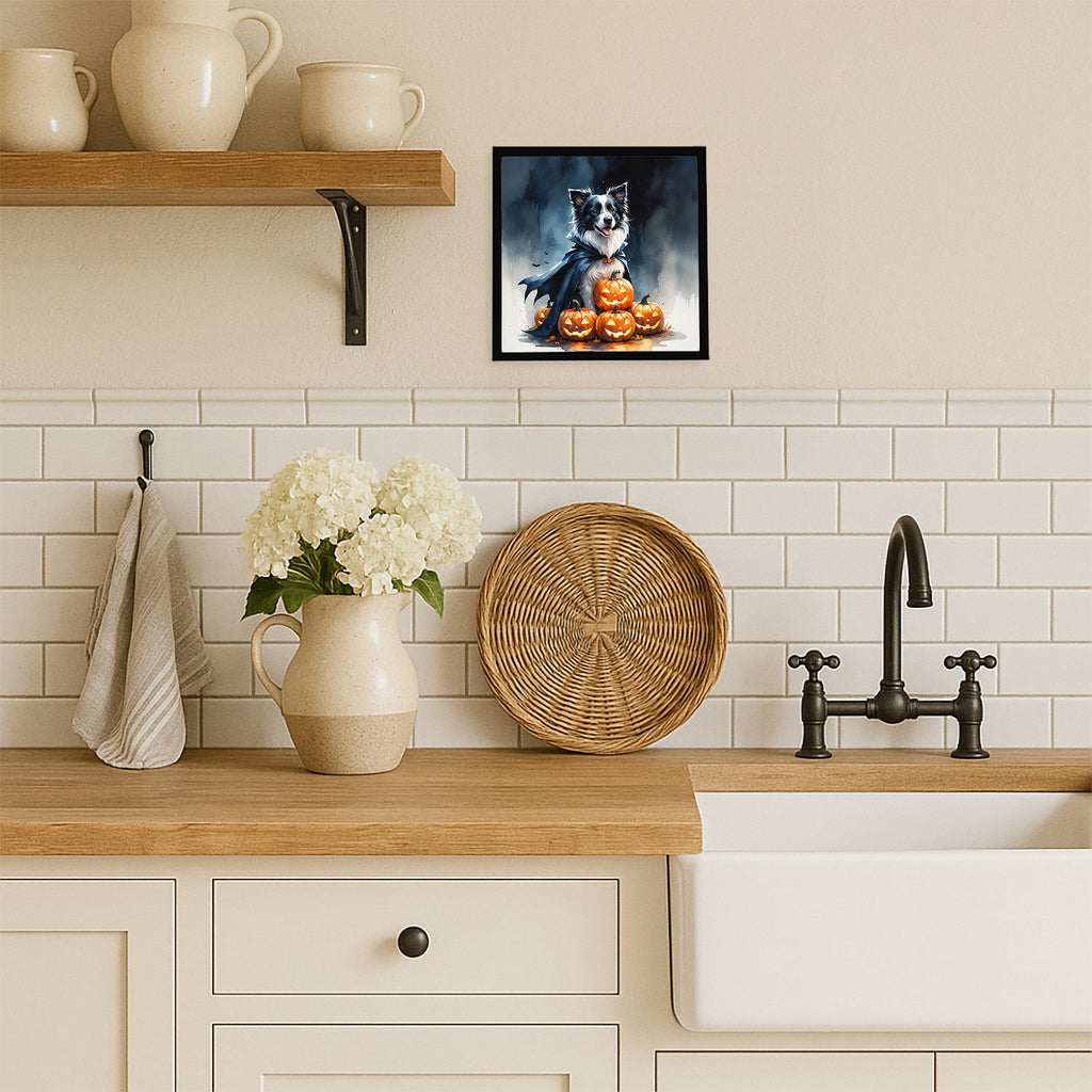 Border Collie Puppy Halloween Framed Metal Print Bathroom, Kitchen, Office, Home Decor Wall Art Ready to Hang, Square, 8X8