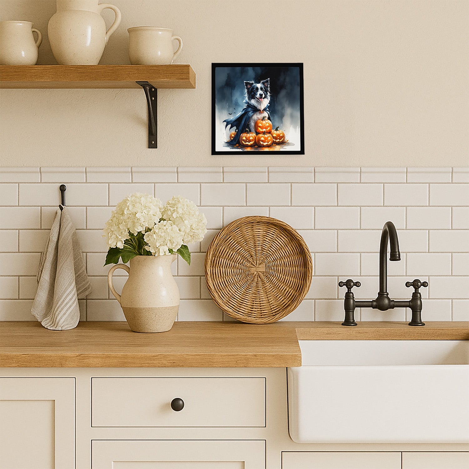 Border Collie Puppy Halloween Framed Metal Print Bathroom, Kitchen, Office, Home Decor Wall Art Ready to Hang, Square, 8X8