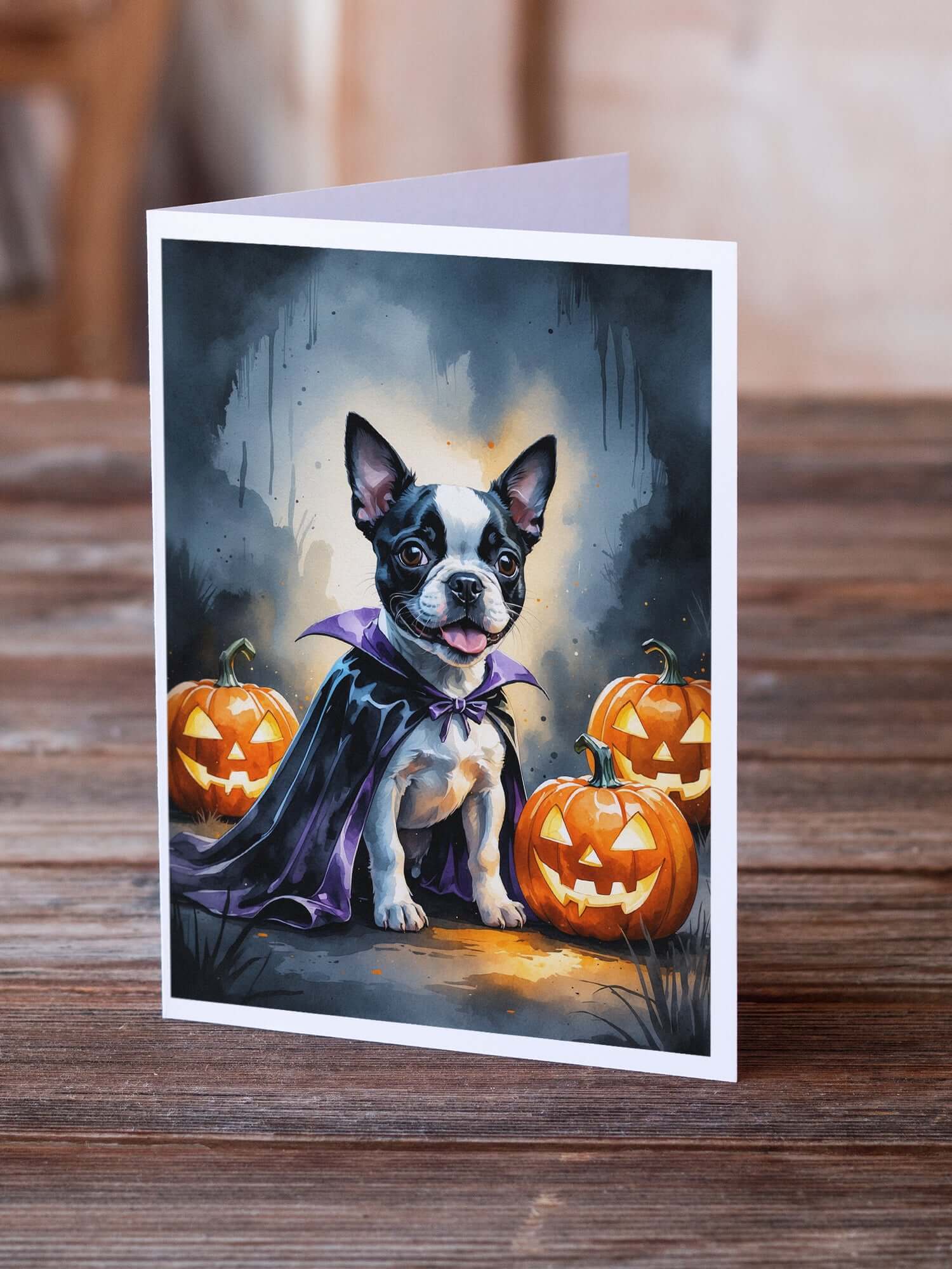 Boston Terrier Puppy Halloween Greeting Cards Pack of 8 Blank Cards with Envelopes Whimsical A7 Size 5x7