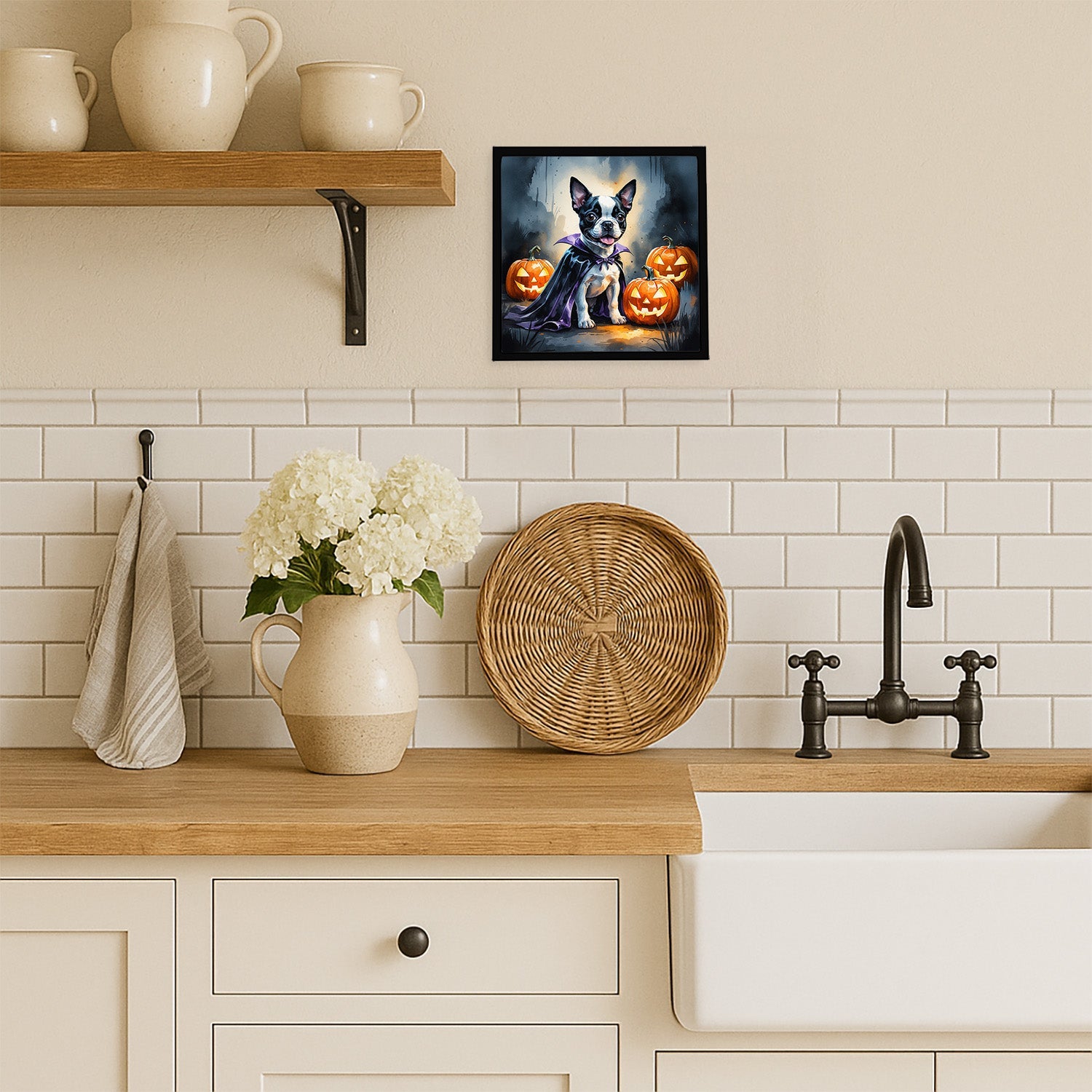 Boston Terrier Puppy Halloween Framed Metal Print Bathroom, Kitchen, Office, Home Decor Wall Art Ready to Hang, Square, 8X8