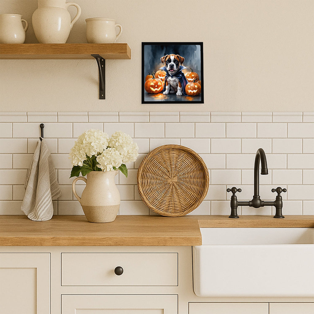Boxer Puppy Halloween Framed Metal Print Bathroom, Kitchen, Office, Home Decor Wall Art Ready to Hang, Square, 8X8