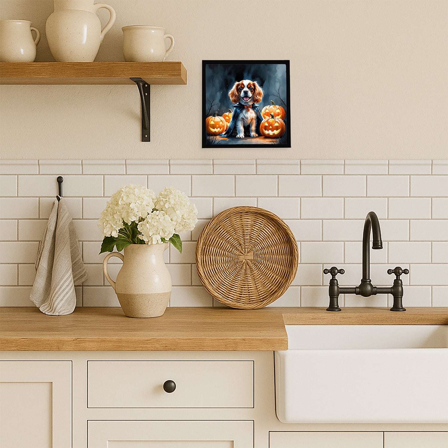 Cavalier Spaniel Puppy Halloween Framed Metal Print Bathroom, Kitchen, Office, Home Decor Wall Art Ready to Hang, Square, 8X8