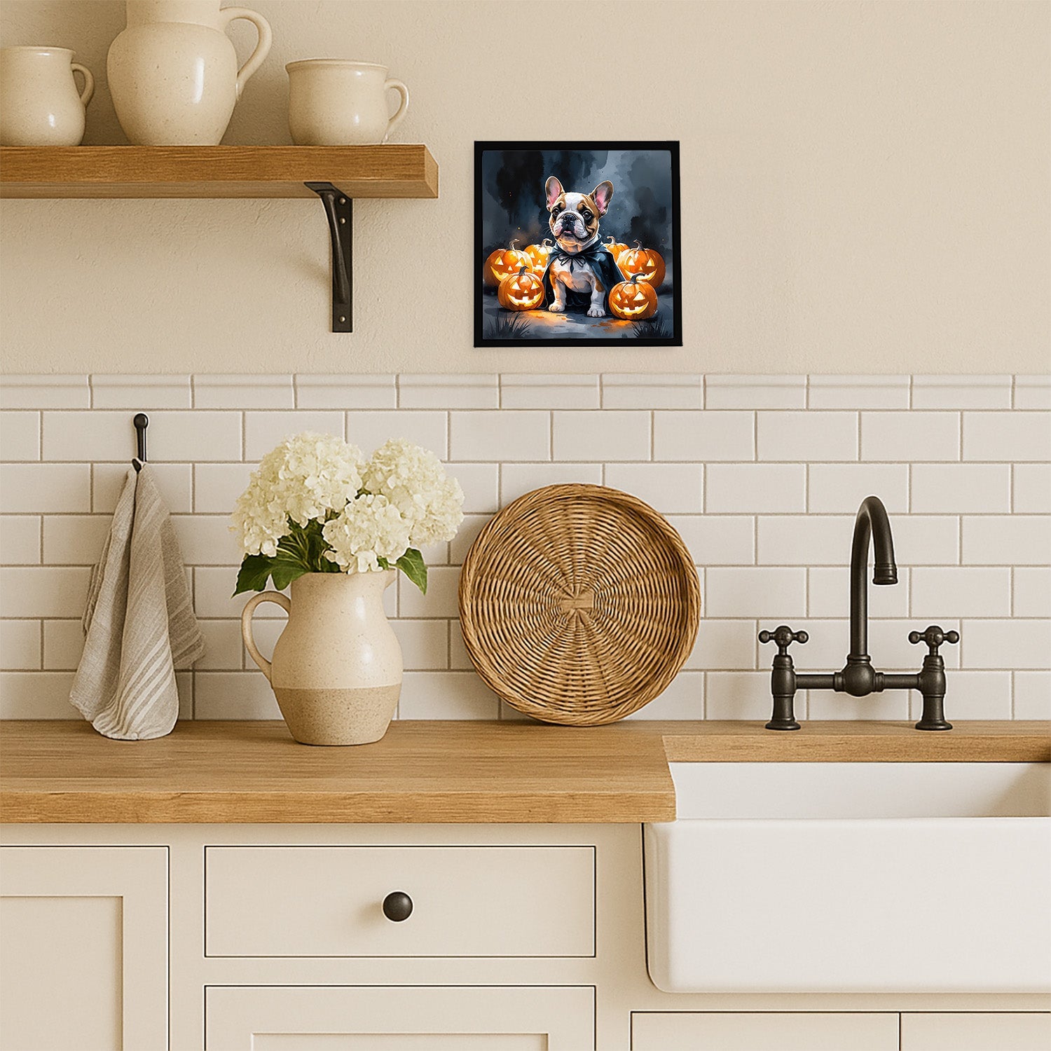 French Bulldog Puppy Halloween Framed Metal Print Bathroom, Kitchen, Office, Home Decor Wall Art Ready to Hang, Square, 8X8