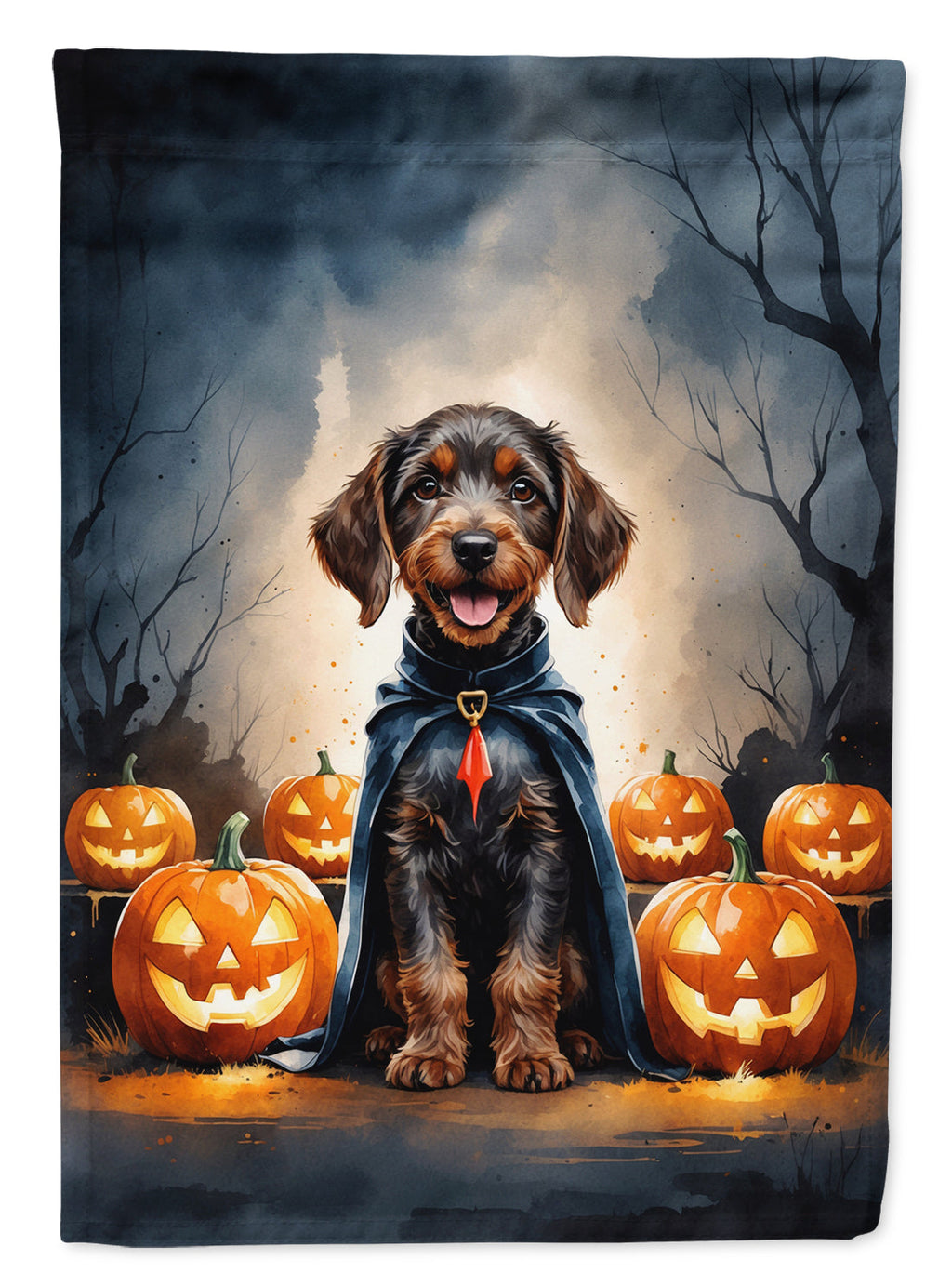 German Wirehaired Pointer Puppy Halloween House Flag 28x40 Porch Sleeve Pole Decorative Outside Yard Banner Artwork Wall Hanging, Polyester