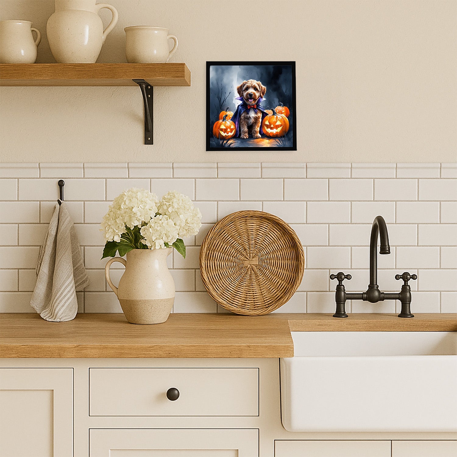 Chocolate Labradoodle Puppy Halloween Framed Metal Print Bathroom, Kitchen, Office, Home Decor Wall Art Ready to Hang, Square, 8X8