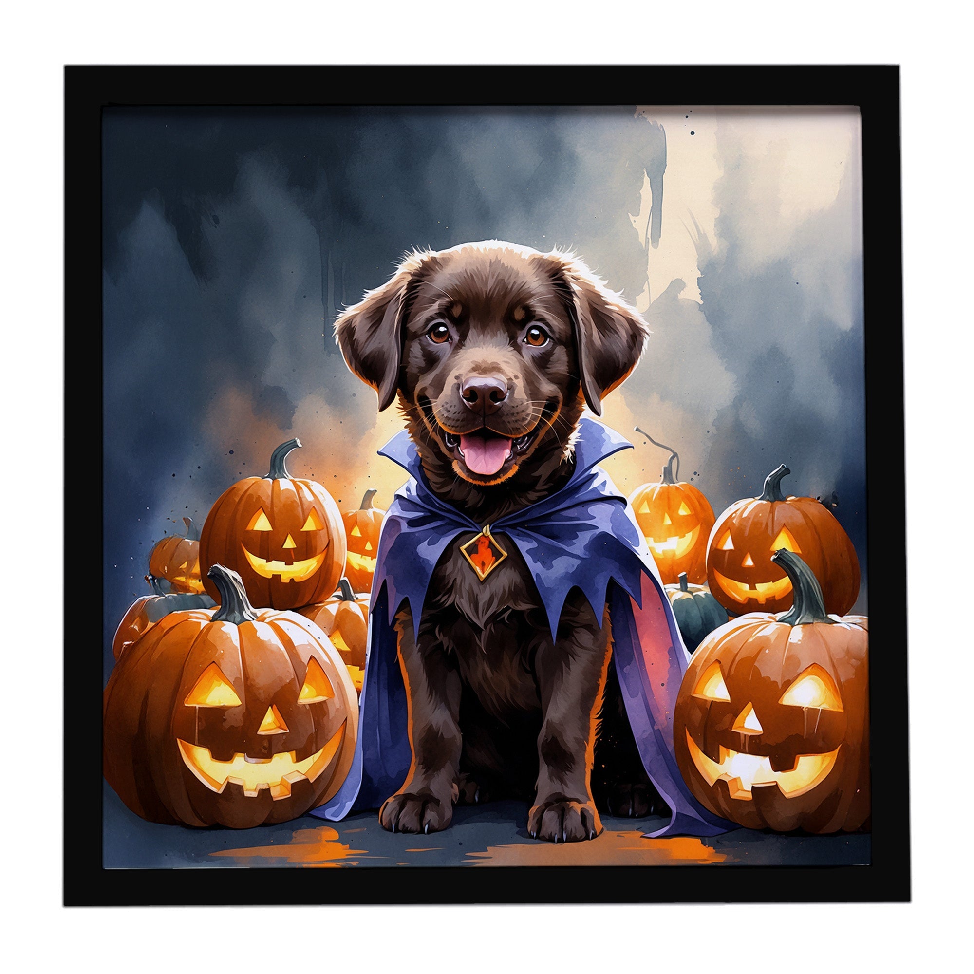 Chocolate Labrador Retriever Puppy Halloween Framed Metal Print Bathroom, Kitchen, Office, Home Decor Wall Art Ready to Hang, Square, 8X8