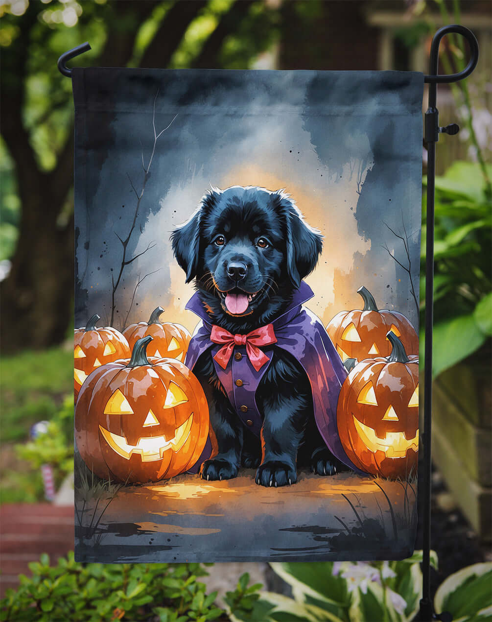 Black Newfoundland Puppy Halloween Garden Flag Mailbox Decorative Yard Banner Outside Patio Artwork for Flower Beds, Garden Size, Multicolor