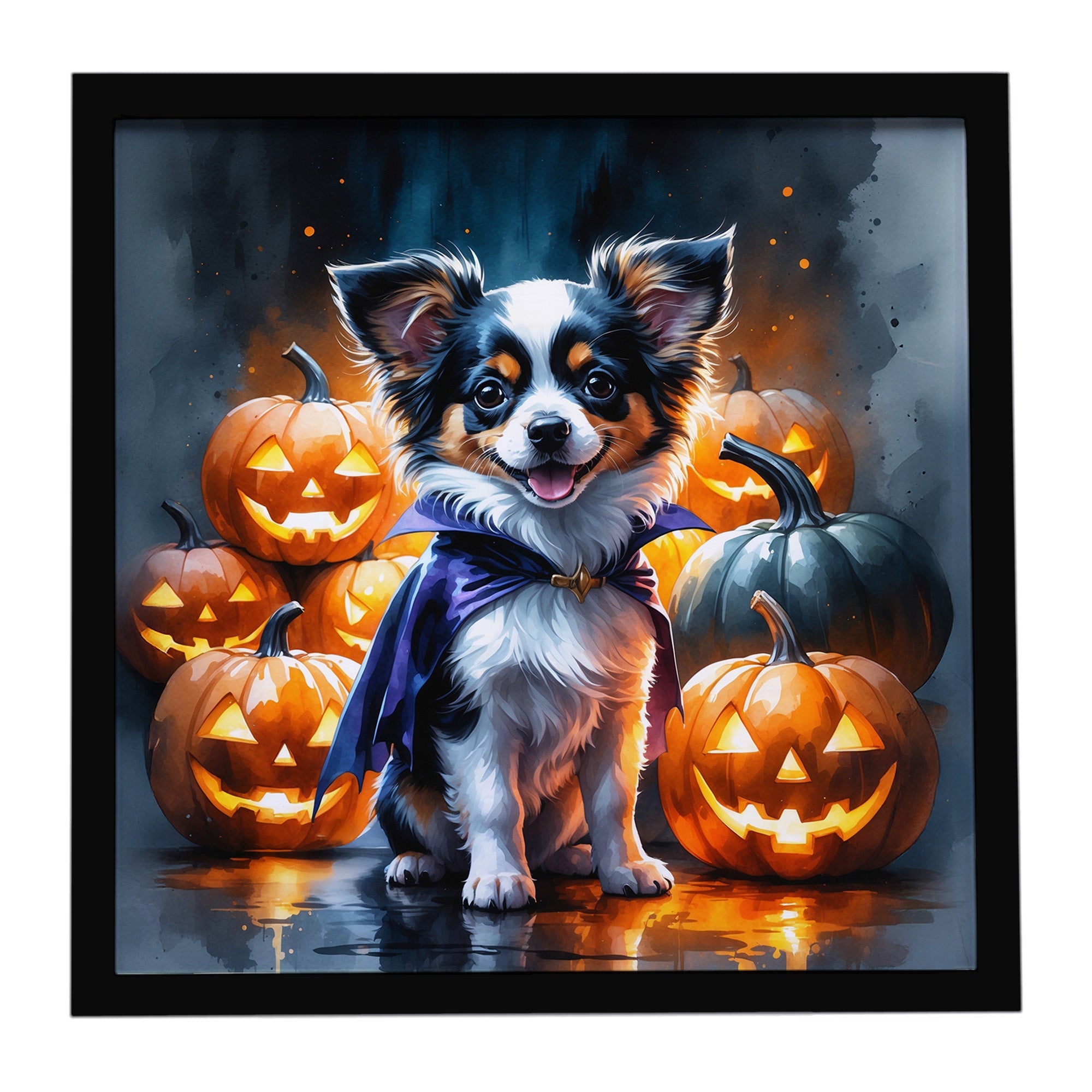 Tricolor Papillon Puppy Halloween Framed Metal Print Bathroom, Kitchen, Office, Home Decor Wall Art Ready to Hang, Square, 8X8