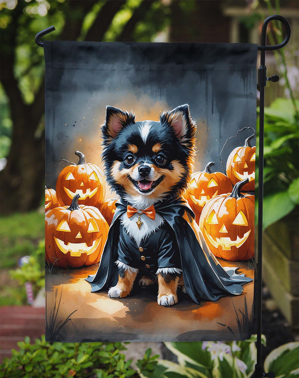 Balck and Tan Pomeranian Puppy Halloween Garden Flag Mailbox Decorative Yard Banner Outside Patio Artwork for Flower Beds, Garden Size, Multicolor