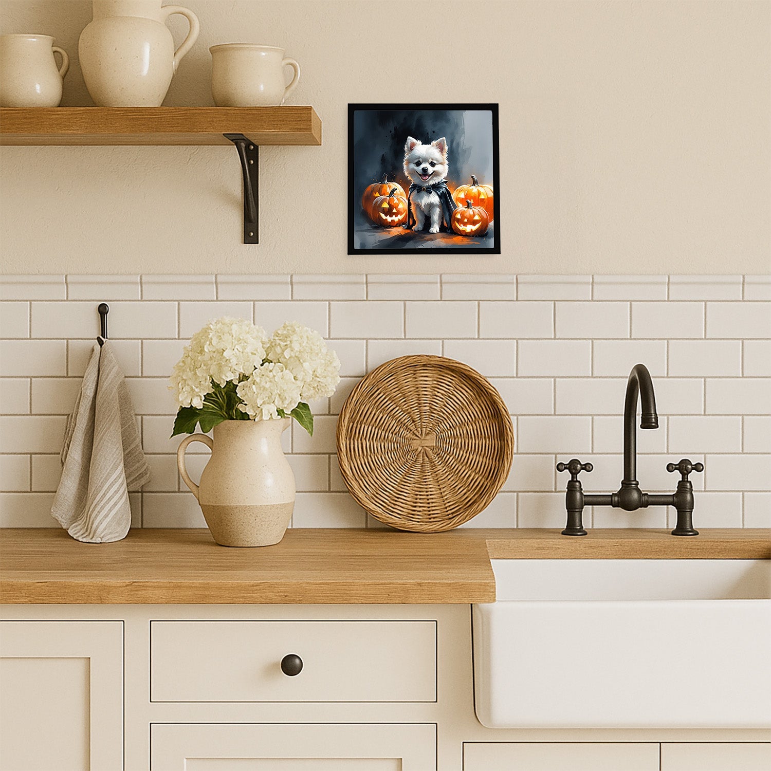 White Pomeranian Puppy Halloween Framed Metal Print Bathroom, Kitchen, Office, Home Decor Wall Art Ready to Hang, Square, 8X8