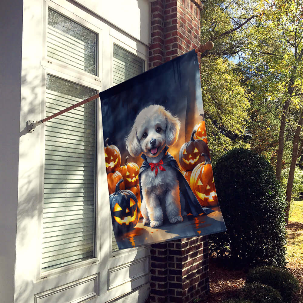White Poodle Puppy Halloween House Flag 28x40 Porch Sleeve Pole Decorative Outside Yard Banner Artwork Wall Hanging, Polyester