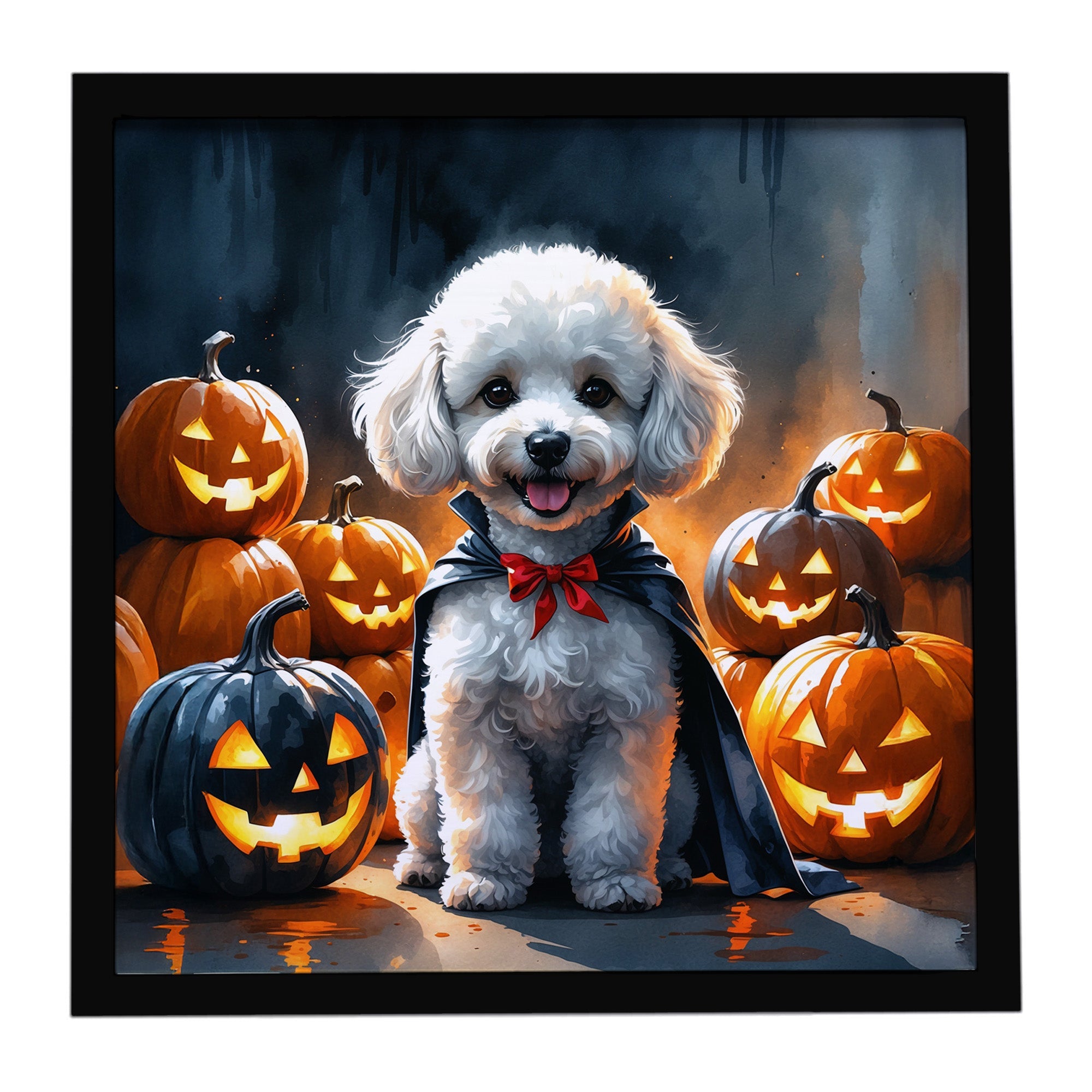 White Poodle Puppy Halloween Framed Metal Print Bathroom, Kitchen, Office, Home Decor Wall Art Ready to Hang, Square, 8X8