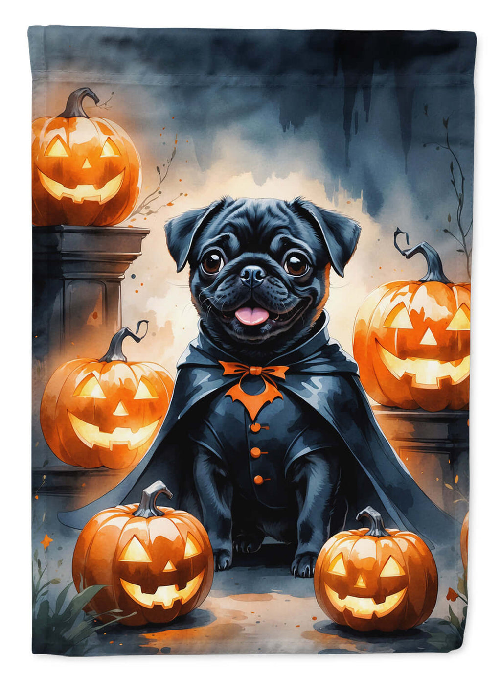 Black Pug Puppy Halloween House Flag 28x40 Porch Sleeve Pole Decorative Outside Yard Banner Artwork Wall Hanging, Polyester