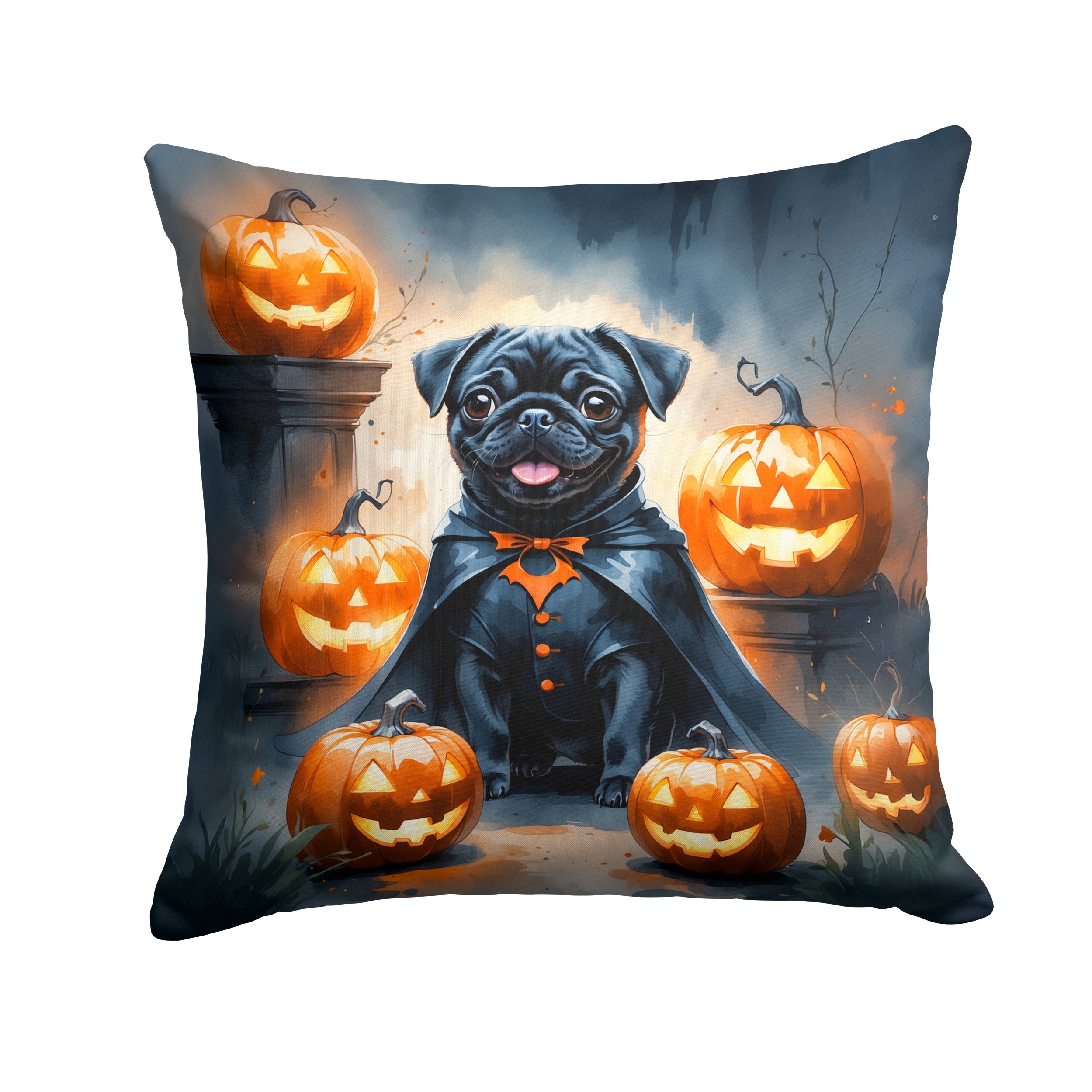 Black Pug Puppy Halloween Decorative Throw Pillow 18x18 Indoor Outdoor Accent Cushion, Fabric Cover with Insert for Sofa, Bed, Porch & Living Room