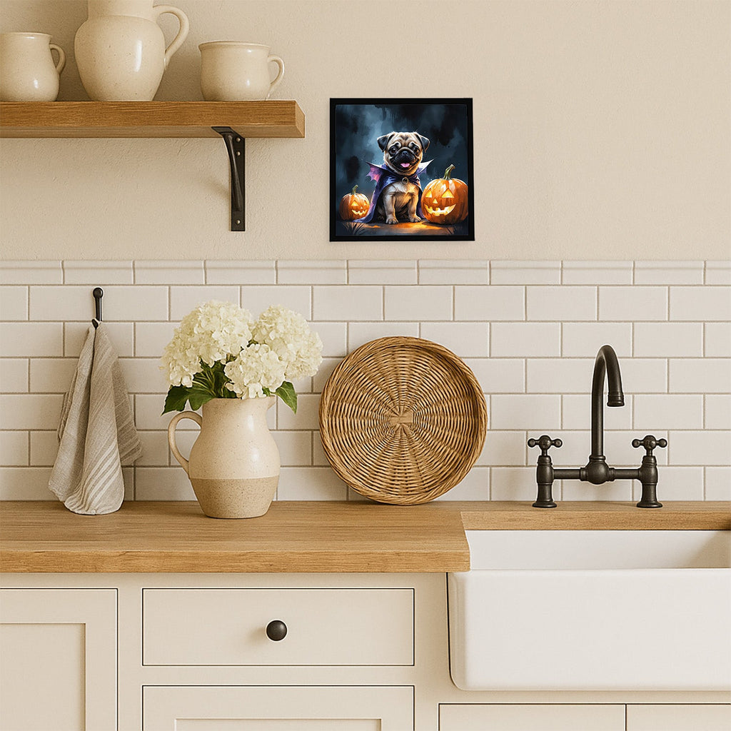 Pug Puppy Halloween Framed Metal Print Bathroom, Kitchen, Office, Home Decor Wall Art Ready to Hang, Square, 8X8