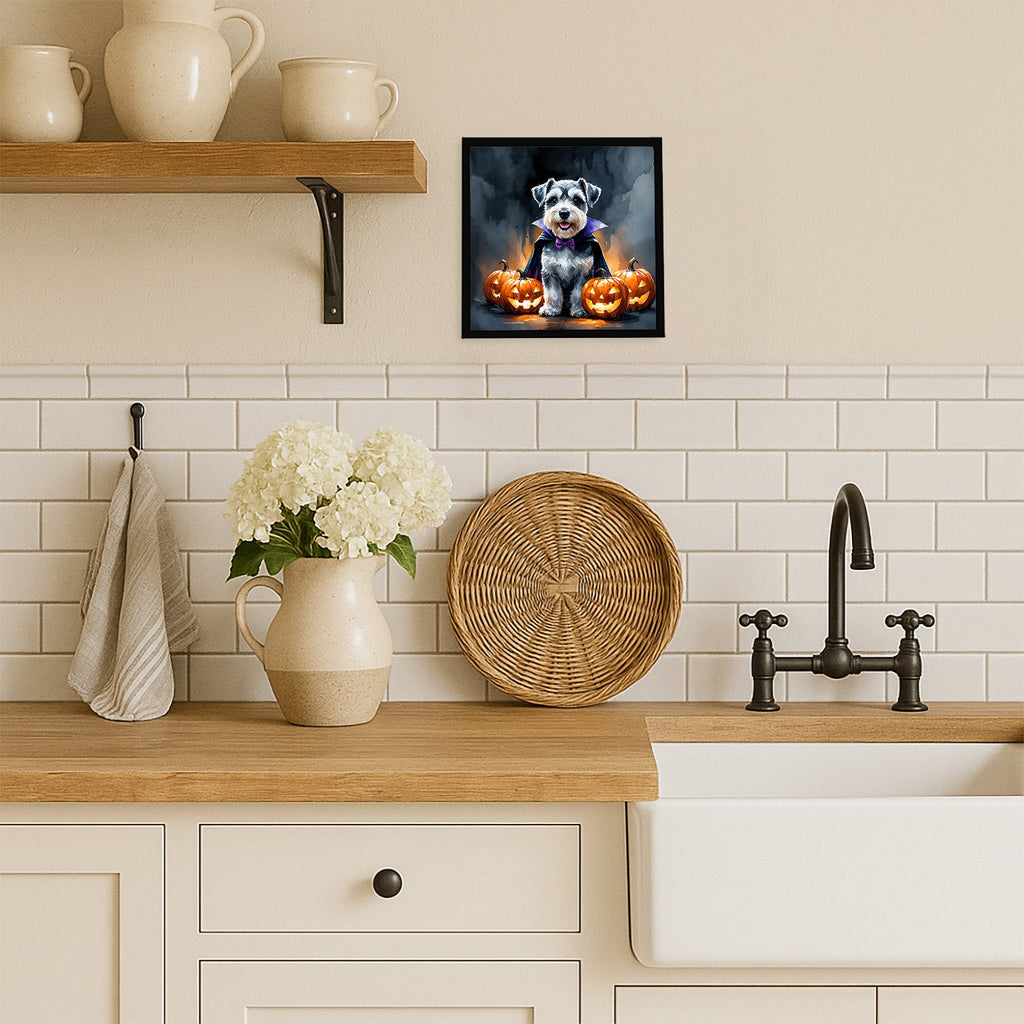 Schnauzer Puppy Halloween Framed Metal Print Bathroom, Kitchen, Office, Home Decor Wall Art Ready to Hang, Square, 8X8