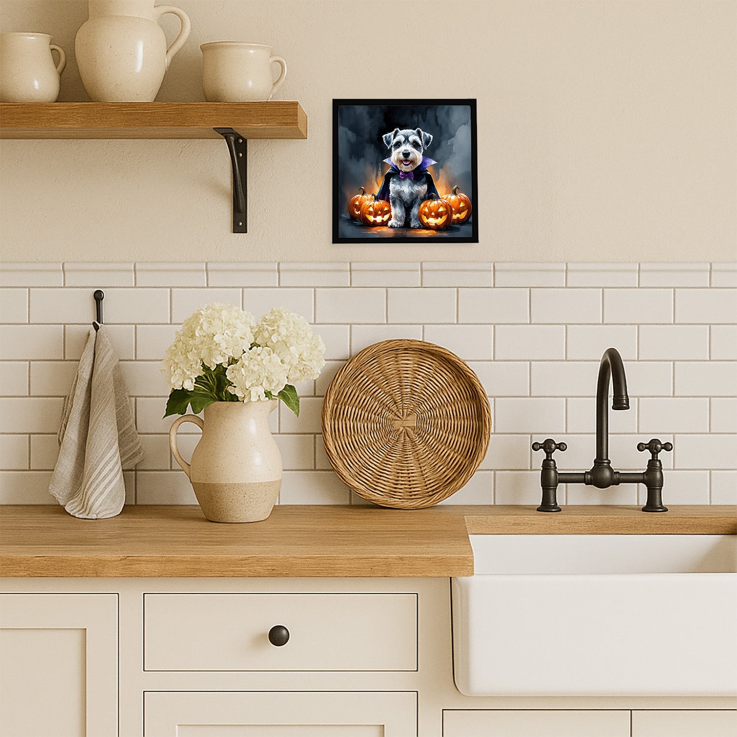 Schnauzer Puppy Halloween Framed Metal Print Bathroom, Kitchen, Office, Home Decor Wall Art Ready to Hang, Square, 8X8