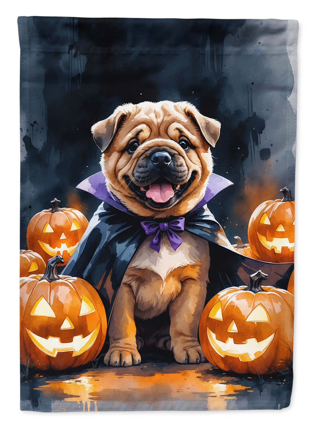 Shar Pei Puppy Halloween House Flag 28x40 Porch Sleeve Pole Decorative Outside Yard Banner Artwork Wall Hanging, Polyester