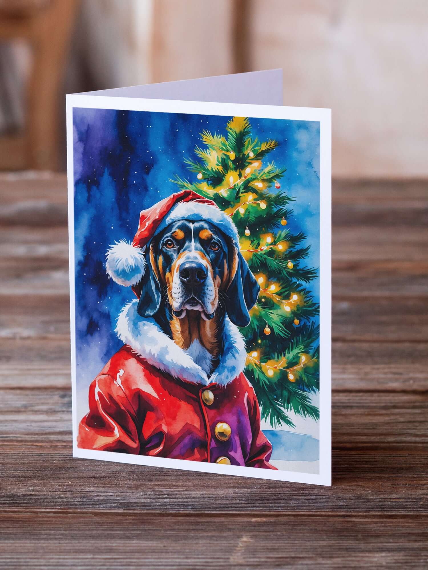 Bluetick Coonhound Christmas Greeting Cards Pack of 8 Blank Cards with Envelopes Whimsical A7 Size 5x7