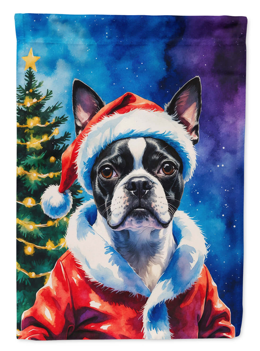 Boston Terrier Christmas House Flag 28x40 Porch Sleeve Pole Decorative Outside Yard Banner Artwork Wall Hanging, Polyester